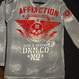 Affliction Mens Seek And Destroy Red and Gray Skull Wing Long Sleeve Shirt